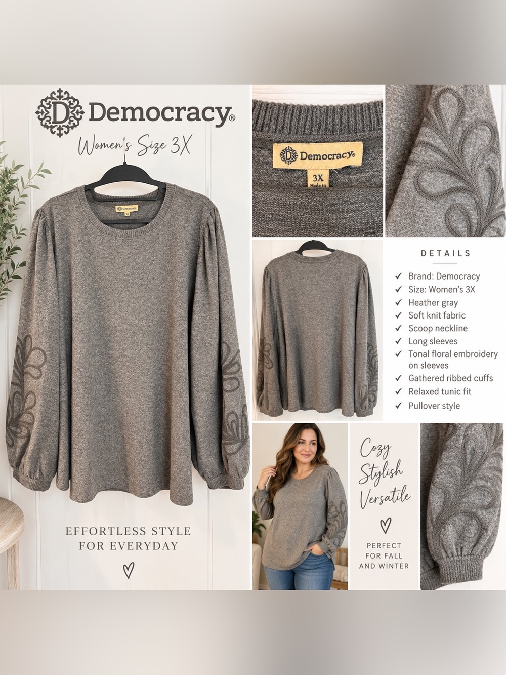 Democracy Women’s 3X Gray Embroidered Floral Sleeve Soft Knit Tunic Top